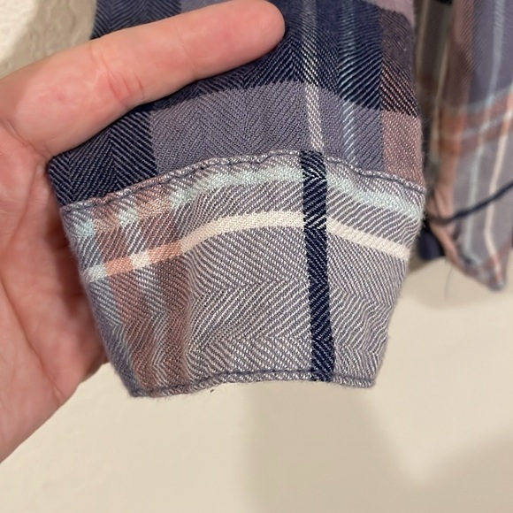 BeachLunchLounge Women Button Front Top Small Purple Plaid Flannel Fly Away Back - Picture 9 of 16